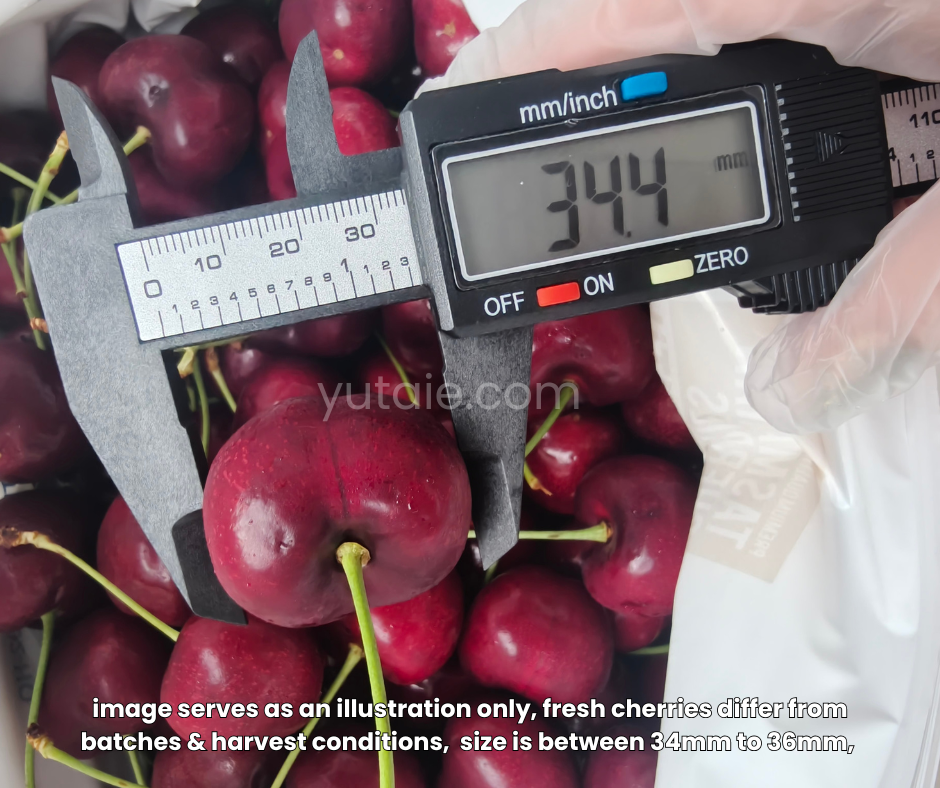 Lapin fresh cherries from Hansen Orchards, Tasmania, Australia, random measurement with vernier calipers, size at 34.4mm, available at yu taie.